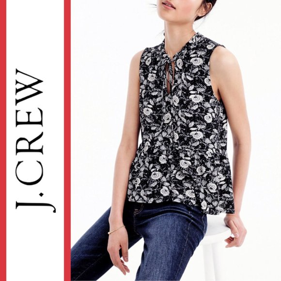J. Crew |  Floral Print Ruffle Trim Tie Front Knit Top - Picture 1 of 10